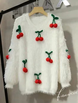 2022 Зимата висококачествен бял пухкав пуловер, трикотаж, без монофонични череша сгъсти норковый пуловер, дамски коледно облекло