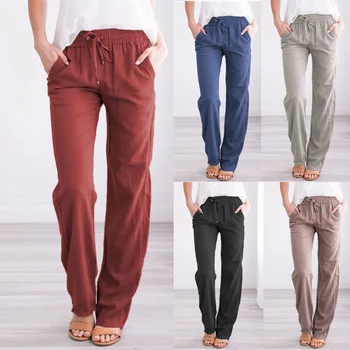 2023 Ежедневни панталони от памук и лен, дамски пролетно-летни широки панталони с завязками, женски обикновен прав панталон с еластична талия