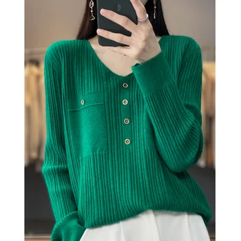 2023 Нов дамски вълнен пуловер с V-образно деколте, женски мек пуловер, обикновен вълнен пуловер, жена