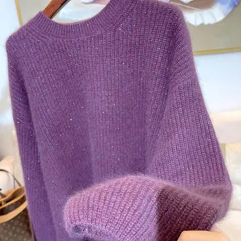 2023 Новият есенен мързелив лилаво ярки копринен пуловер за тежка работа, жена есенно-зимния свободен пуловер, пуловер с високо качество