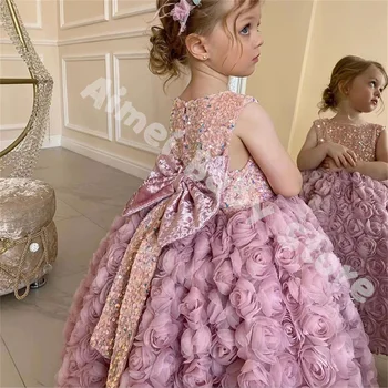 2023 Ново записване, розово сладко принцеса рокля за момичета, детски дрехи за рожден ден с голям лък, детско сватбена рокля, рокля в ретро стил за юноши