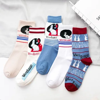 5 двойки/лот, есенни интер нови корейски чорапи, модни чорапи ins, чорапи със средна дължина, с изображение на заек, голям бял заек, дамски памучни чорапи