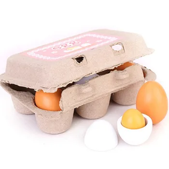 6 бр. комплект играчки за моделиране на дървени яйца, детска ролева игра, дървени храни, яйчен жълтък, съдове за хранене, детски забавни играчки Монтесори