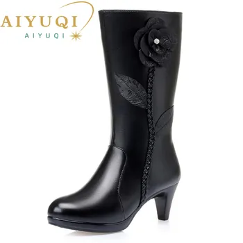 AIYUQI/Зимни дамски обувки; Новост 2023 г.; Дамски ботуши за езда от естествена кожа с цветен модел; Топли дамски Офис ботуши от дебела козина със средна дължина
