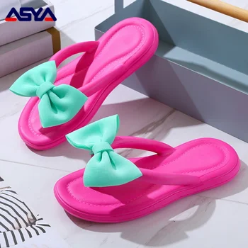 ASYAPOY Дамски летни чехли с лък, чехли със скоба, дамски плажни сандали на платформа дамски ежедневни чехли на равна подметка