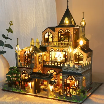 DIY Wooden Куклена Къща Комплект С Миниатюрни Мебели Светлина Casa Европейската Вила Куклен Доммодель Играчка Roombox За Възрастни Подарък За Рожден Ден