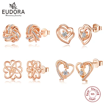 Eudora 925 сребро, обици-карамфил с вида център за жени и момичета, цвят розово злато, ирландски възел, CZ, луксозни и изискани бижута, тенденция 2022