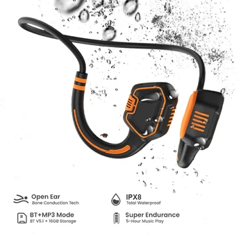 IPX8 Водоустойчив безжични слушалки в ушите Mp3 Музикален плейър и слушалки с костна проводимост за практикуване на плуване, спорт, фитнес зала