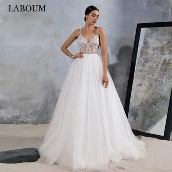LaBoum Лъскави сватбени рокли с V-образно деколте за жени 2022, секси сватбени рокли за спагети презрамки, дантелени апликации, премяна