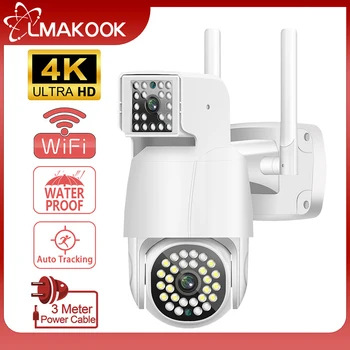 LMAKOOK 4K 8MP двухобъективная Wifi PTZ камера 4MP с двоен екран AI Откриване на човек Автоматично следене на сигурността камера за видеонаблюдение