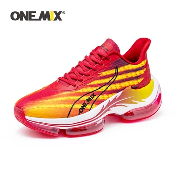 ONEMIX Огнено-червен цвят, мъжки маратонки за бягане на въздушна възглавница, спортни маратонки за двойки, спортни обувки за бегачи, улични дамски маратонки за ходене