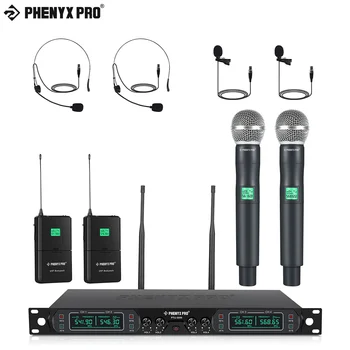 Phenyx Pro 4-Канален Набор от Безжични микрофони, UHF с Преносими /Корпусными/Слушалки /Нагрудными микрофони, Безжичен Микрофон Система Church PTU-5000