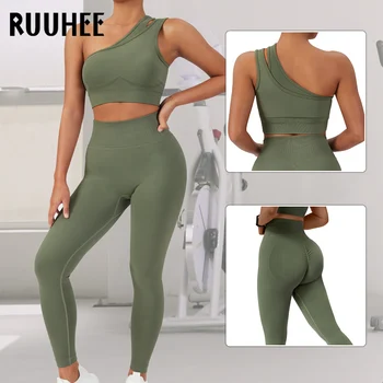 RUUHEE, 2 броя, безшевни женски комплект за йога, спортни дрехи за тренировки, дрехи за фитнес, спортен сутиен на едно рамо, гамаши, с висока талия, фитнес