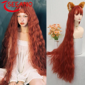 SEEANO 120 см синтетичен дълга къдрава перука, за cosplay, с бретон, червен, светло кафяво, розово, сладко перука в стил Лолита