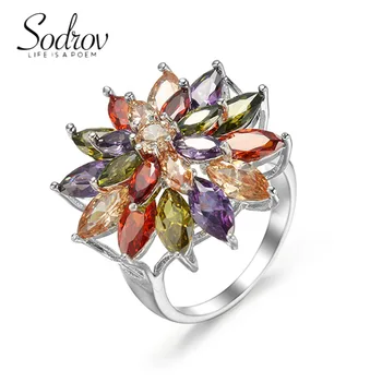 SODROV Луксозни бижута, пръстени с декорация във формата на кристали и дъгата с преувеличено за жени, годежен сватбена пръстен с цветя цирконием