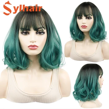 Sylhair Синтетични косми е Cosplay Боб перука дамски къси перуки за жени извратени омбре зелен бордо черен высокотемпературное влакна