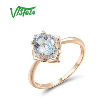 VISTOSO Аутентичное пръстен от розово злато Solitaire 585 14К за жени, искрящ диамант, скай-син топаз, минималистичные изискани класически бижута