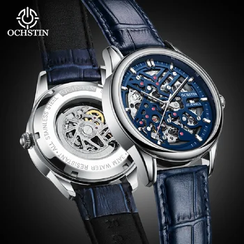 Автоматичен мъжки часовник OCHSTIN, луксозни механичен мъжки часовник в ретро стил steampunk, скелет, кожена каишка, директна доставка