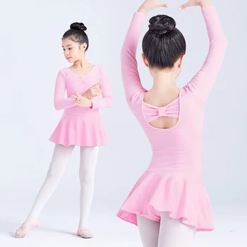 Балетное трика за момичета, танцово рокля с лък, детски гимнастически трика с дълъг ръкав, розово памучно детско гимнастически боди, рокля