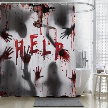 Безплатна доставка завеса за душ с кървав шарките на ръце - аксесоари за декора на банята на Хелоуин, водоустойчив и защитен от прах куки в пакет