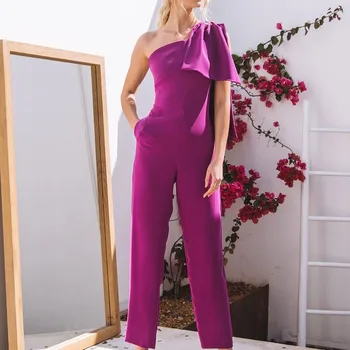 Годишен женски гащеризон, елегантна официална секси гащеризон за по-големи размери, дамски дрехи, асиметрични панталони с лък в едно рамо, дълги панталони