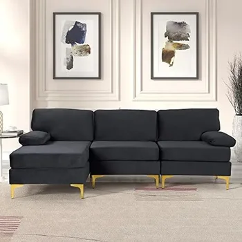 Голям секционни диван от нежната тъкан с много широк шезлонг със златни крака, L-образна, черен