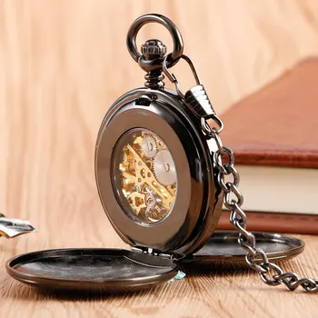 Готин черен дизайн Double Хънтър, механични джобен часовник с римски циферблат, ключодържател с циферблат и веригата, коледен подарък