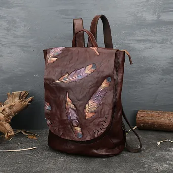 Дамска чанта EUMOAN от естествена кожа с релефни изображения в стил ретро, дамски двойна чанта през рамо, многопластова чанта от телешка кожа, пътен раница за жени