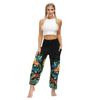 Дамски летни панталони в бохемски стил с флорални принтом, ластични панталони, широки панталони 