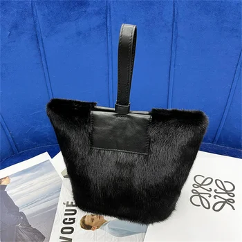 Дамски модни кожа чанта в европейския и американския стил, внос чанта от кожа на норка, прости, с голям капацитет, чрез едно рамо, наклонена чанта през рамо