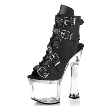 Дамски пикантни пролетни обувки за танци в клуб с шесто, ботильоны на високо квадратен ток, 18 см с отворени пръсти