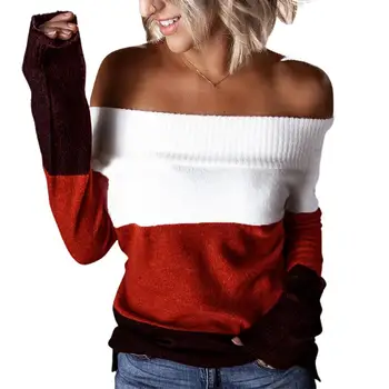 Дамски пуловери с открити рамене, вязаный пуловер в стил мозайка, пуловер с дълъг ръкав, есен-зима блузи, женски