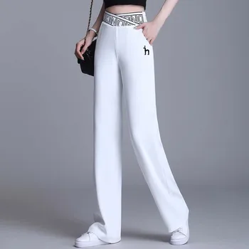 Дамски спортни панталони оверсайз 2023 корейски дрехи HAZZYS Секси бански Елегантни свободни черно бели панталони с висока талия