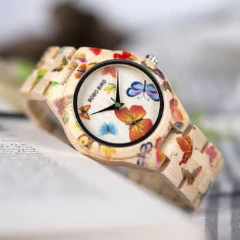 Дамски часовници BOBO BIRD Wood с луксозни гравюри, дамски кварцов часовник с дървен модел, ежедневни часовници с флорални принтом
