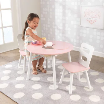 Детска дървена кръгла маса за съхранение и комплект от 2 стола, розово и бяло, детско обзавеждане, маси, столове, работно бюро за бебето