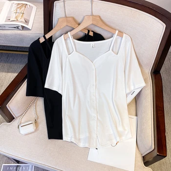 Елегантна тениска голям размер XL-4XL с V-образно деколте, летни модни памучни однобортные върховете оверсайз от памук с къс ръкав