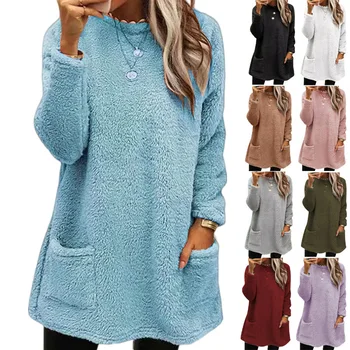 Есенно-зимния нов дамски плюшено пуловер с дълги ръкави и джобове, тениска, модерни дневни универсални дамски блузи