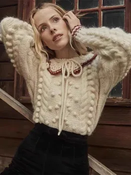 Жена вязаный пуловер с топки и обрат 2023, есенно-зимния женски пуловер от смесовой вълна с цветна тапицерия, трикотажный яка