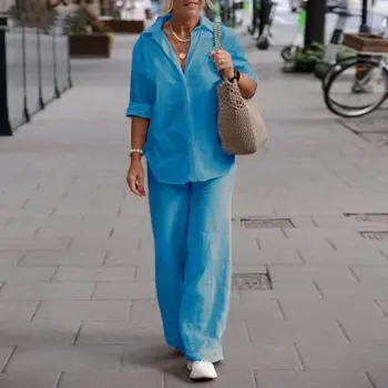 Жена комплект от топ и панталони, универсална женска риза и панталони, стилен комплект свободно, намаляване, широки панталони, отгоре с отворотами за ежедневна употреба