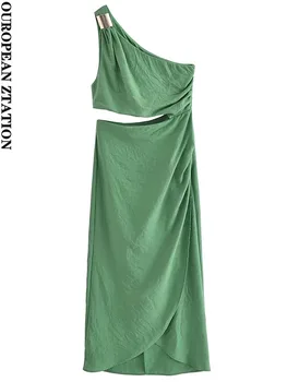 Женствена рокля с пайети 2023, модерно присборенное рокля миди с деколте, винтажное асиметрична рокля с отворен гръб и цип отстрани, дамски рокли, vestidos mujer