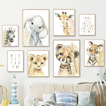 Жираф Леопард Лъв, Тигър, Слон, Зебра Детска стенно изкуство платно картина скандинавски плакат и щампи монтиране на изображението на декора на детската стая