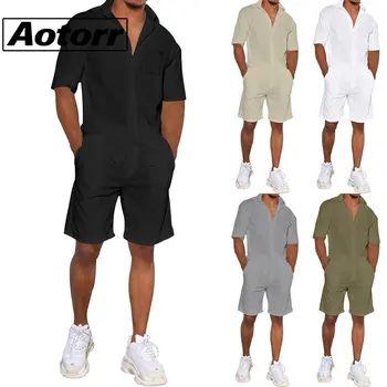 Комплекти едноцветни къси панталони в уличном стил, мъжки ежедневни летни однобортные тениски-двойки с къс ръкав и къси панталони, мъжки
