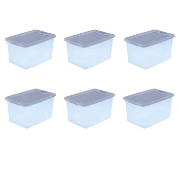 кутия-органайзер за съхранение 64 кв. пластмасова Кутия с капаче, син цвят, комплект от 6