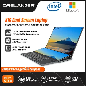 Лаптоп CRELANDER с двоен екран 16 инча 2K LCD + 14 Инча Сензорен екран Core i7 10750H 64 GB оперативна памет Zenbook Duo, Лаптоп, Лаптоп за Игри