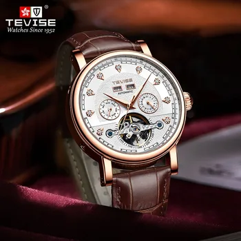 Луксозни кръгли многофункционални мъжки механични часовници T867C луксозни TEVISE от естествена кожа в бизнес стил