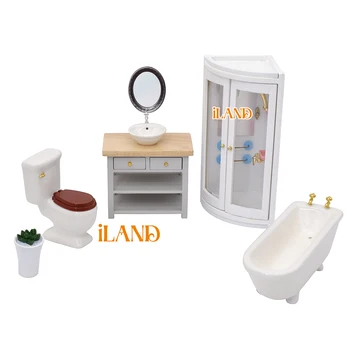 Мебели за куклена къща iLand и аксесоари за куклата къща, комплект за баня за куклена къща в мащаб 1/12, керамични тоалетка за баня с мивка
