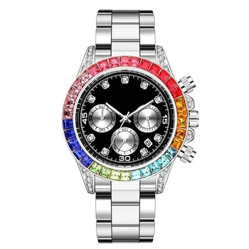 Модерен мъжки спортен часовник от неръждаема стомана, часовници с датата на деня, мъжки луксозни цветни диаманти, календар, кварцов ръчен часовник в стил хип-хоп