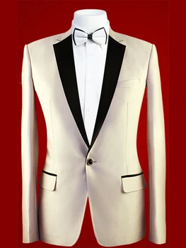 Мъжки костюм, изработена по поръчка по мярка, мъжки костюми цвят шампанско на една пуговице с черен ревера (яке + панталон + вратовръзка + квадрат джоба)
