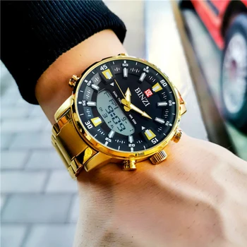 Мъжки ръчен часовник марка пионер лидер, водоустойчива спорт цифрови часовници 50 м, мъжки кварцови часовници с led подсветка, военни кварцов часовник в златен цвят с голям циферблат
