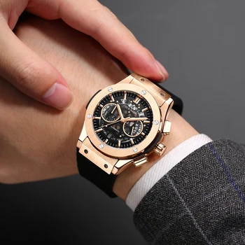 Мъжки часовник с автоматичен хронограф с виртуален скелет, луксозен часовник от розово злато, сребро, черно, титан, гумени моден кварцов часовник